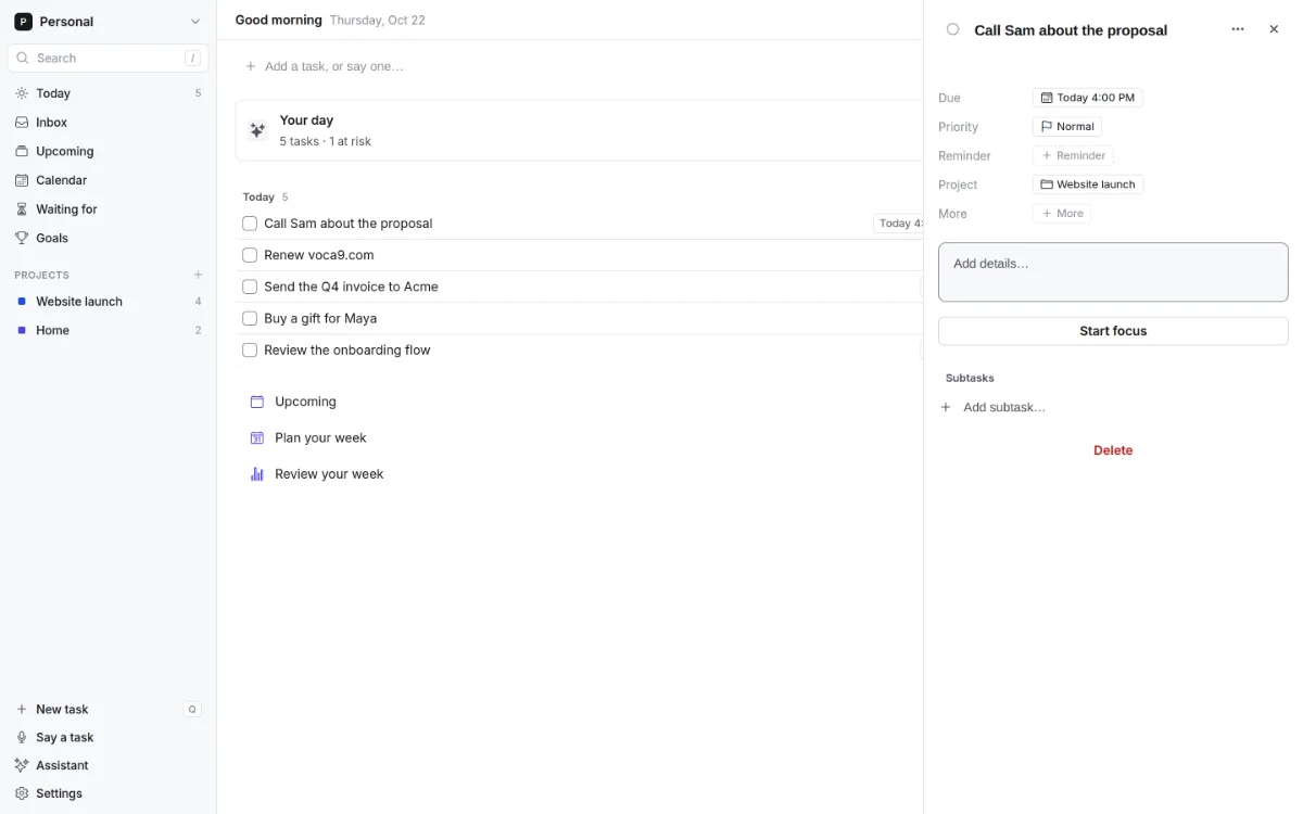 voca9 on the web: the Today list with a task open beside it
